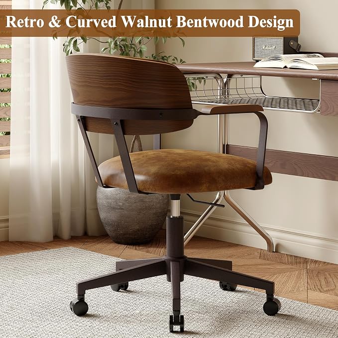 Mid-Century Modern Desk Chair with Walnut Bentwood Design,Retro Home Office Chair with Adjustable Height,360°Swivel,Smooth Rolling Casters,Small Computer Chair PU Leather (Brown)