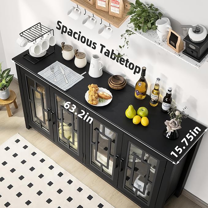 Large Sideboard Buffet Cabinet with Storage, 63" Black Farmhouse Kitchen Coffee Wine Bar Cabinet with 4 Glass Doors, Mid Century Modern Wooden Side Board Table for Dining Room, Living Room
