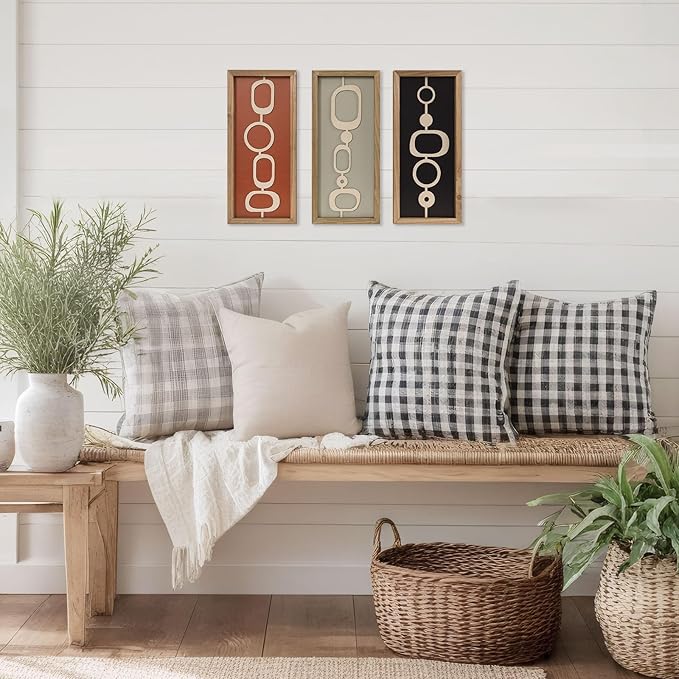 pechpell 3 Set Of Mid Century Modern Wall Art Wooden Framed, Modern Boho 3D Abstract Geometric Mcm Wall Hanging For Living Room, Bedroom, Entryway, Home Office, Earth Tone Minimalist Decor