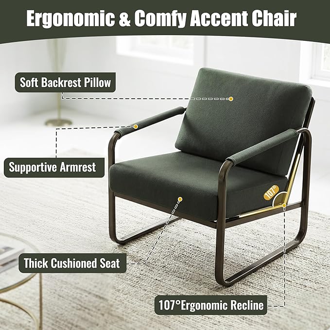 PrimeZone Mid-Century Modern Accent Chair Set of 3 - Comfy Fabric Living Room Chair, Lounge Armchair with Extra Soft Padded & Cushion, Ergonomic Accent Chair for Bedroom Office, Dark Green