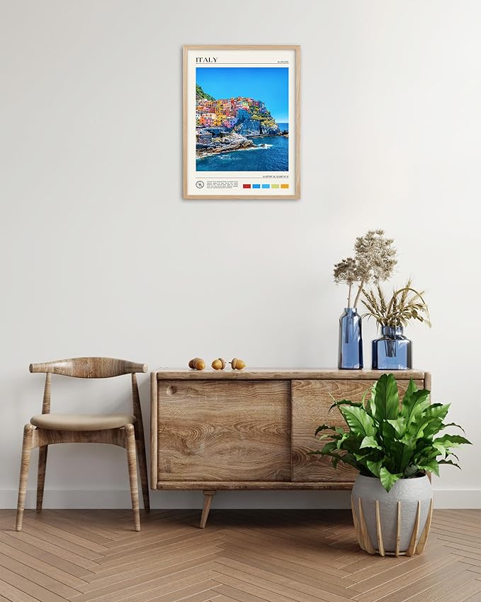 HesenDot Natural OAK Wood Framed Cinque Terre National Park Wall Art,12x16in Italian Natural Seascape Canvas Wall Print,Classic Urban Landmark Wall Decor for Living Room, Bedroom,Office Set of 1