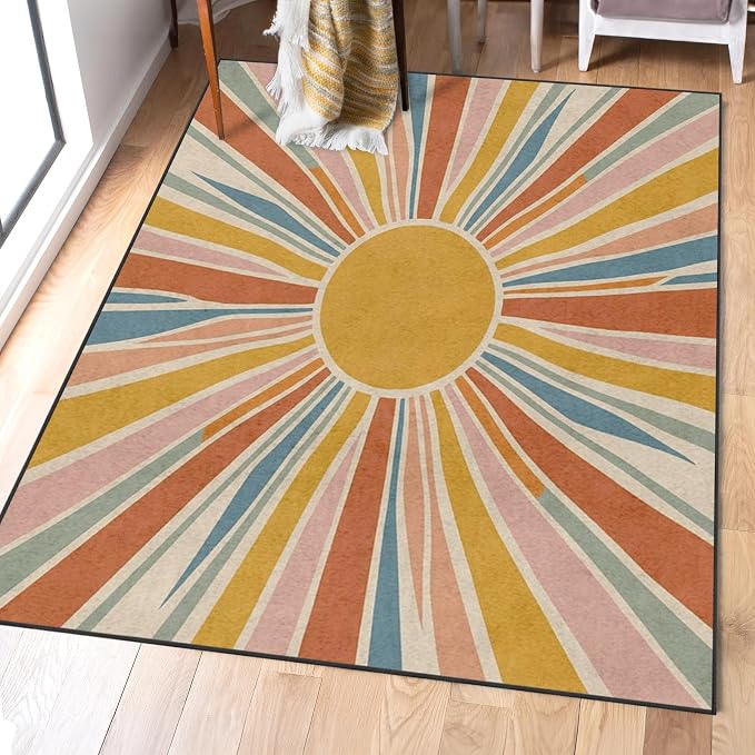 Area Rugs 2'x3' Washable Rug, Boho Retro Sunburst Stain Resistant Non Slip Backing Vintage Sunshine Carpet for Living Room Bedroom Dining Room