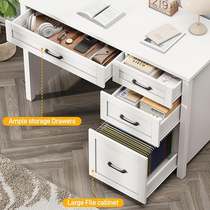Farmhouse 47" Executive Desk, Computer Desk with File Drawer and Charging Station, Workstation for Home Office, Study(Cream White)