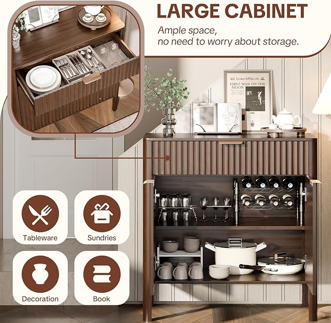 Fluted Buffet Cabinet with Storage - Modern Sideboard Accent Credenza with Doors & Drawer Wood Console Coffee Table Bar Counter for Living Room Kitchen Dining Room Entryway, Easy Assembly 31" Walnut