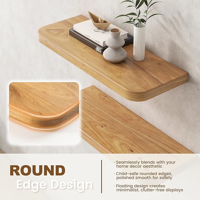 Reclaimed Elm Wood Floating Shelves for Wall Round Edge, 36"W x 9.2"D x 1.37"H, Set of 2 with Invisible Bracket, Wall Mounted Shelves for Living Room Bedroom Kitchen Bathroom Decor, Natural Finish