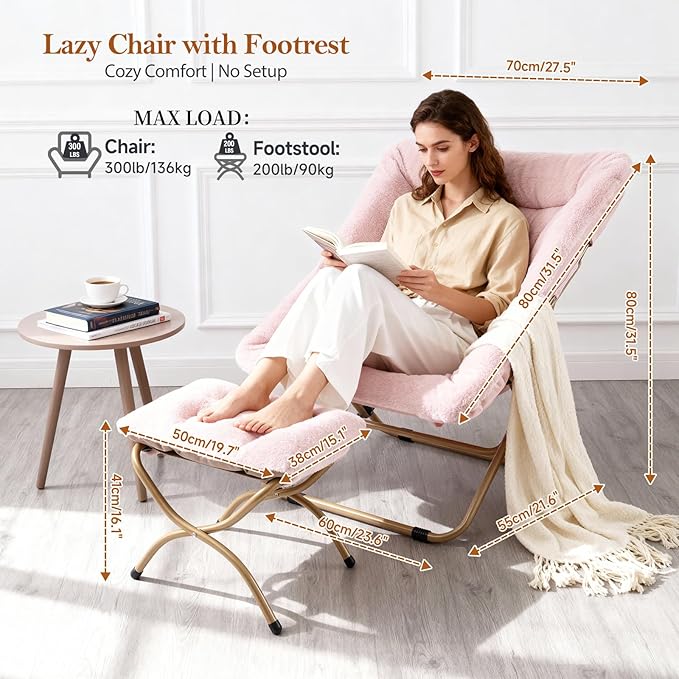 Furlide Dorm Chair with Ottoman, X-Large Soft Saucer Chair, Oversized Folding Faux Fur Accent Chair, Foldable Metal Frame Chair for Bedroom, Living Room (Pink)