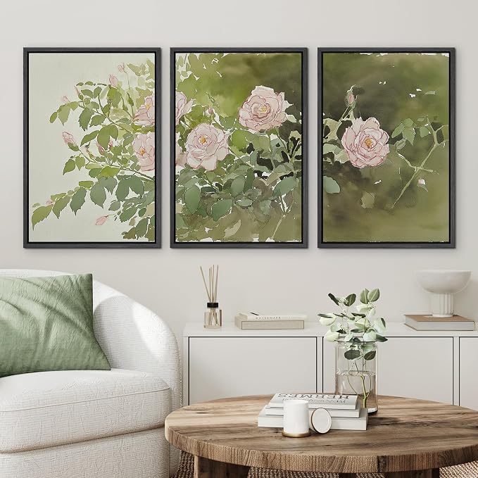 wall26 Framed Print Wall Art Set Blush Pink Rose Garden Botanical Decorative Minimal Relax/Zen for Living Room, Bedroom, Office - 16"x24"x3 BLACK