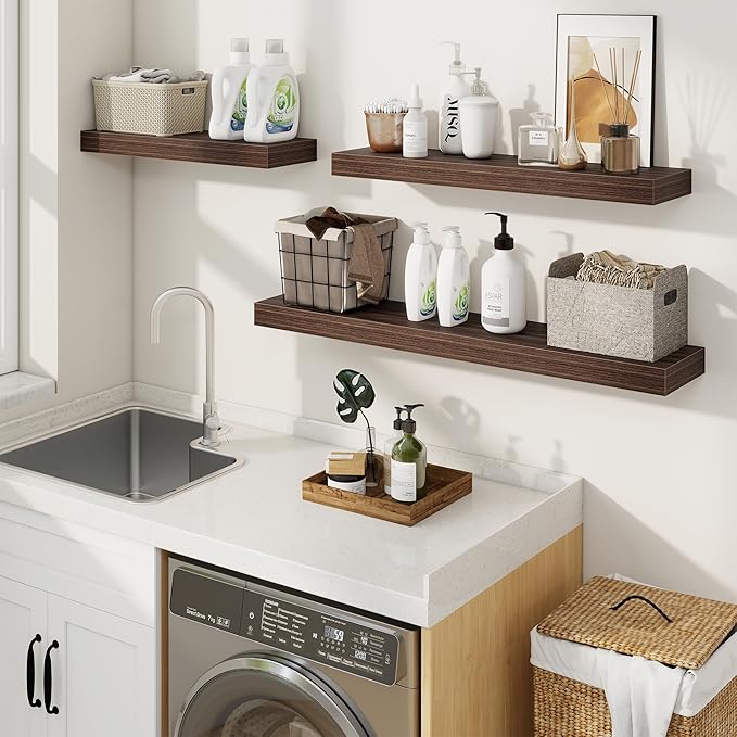 fuqing Floating Shelves for Wall, Wall Mounted Wood Floating Shelf with Invisible Brackets for Living Room, Bathroom, Bedroom, Kitchen Storage and Decor, 16 Inch Set of 2, Walnut