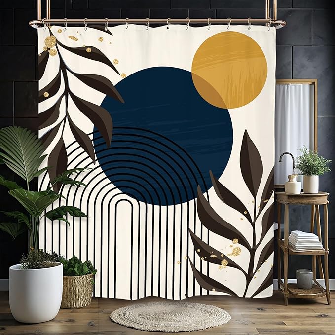 Miyotaa Abstract Minimalist Shower Curtain Set 60Wx71H Inches Aesthetic Modern Contemporary Plant Leaves Neutral Navy Blue Mustard Yellow Polyester Waterproof Bathroom Curtain with 12 Hooks