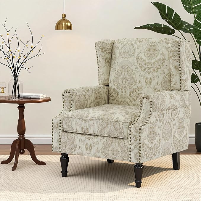 Wingback Chair, High Back Floral Accent Chair in Fabric, Comfy Upholstered Armchair with Nailhead Trim for Living Room, Single Sofa Reading Chair for Small Spaces, Bedroom-White