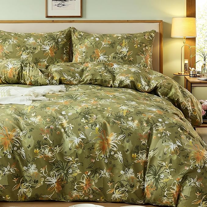 100% Cotton Duvet Cover Queen Size – Vintage Olive Green Floral Duvet Cover Set with Zipper Closure, 3-Piece Soft Breathable Natural Premium Cotton Bedding Set for All Seasons