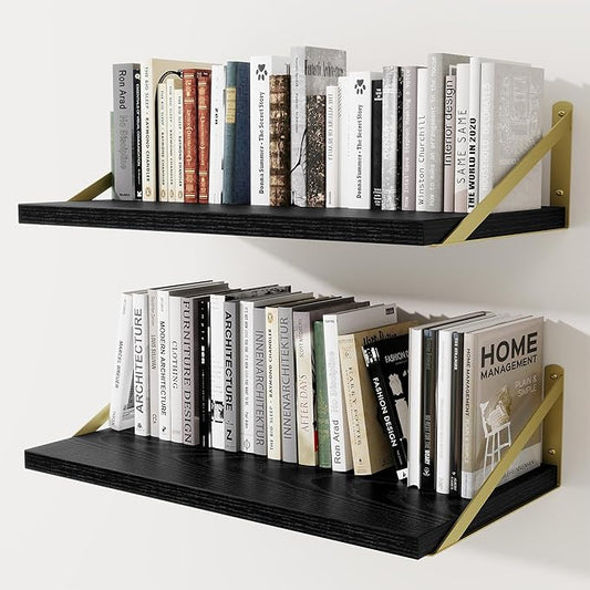 Deep Wall Shelves 24"W x 12"D Engineered Wood Floating Shelves for Wall, Sturdy Metal Bracket(Gold) Bookshelves Home Decor Storage for Living Room Bedroom Bathroom Kitchen, Set of 2, Black Finish