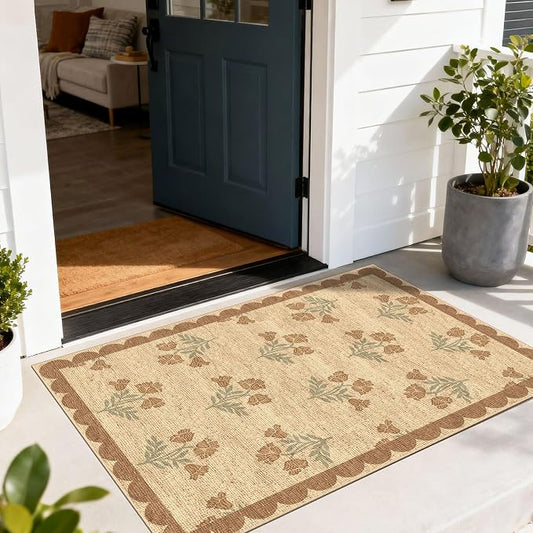 Floral Outdoor Rug - 28" x 43" Front Door Mat Indoor Outside Entrance Non-Slip Washable Outdoor Mat Jute-Look Tan Scalloped Rug for Entryway Kitchen Mudroom Layered Doormat for Front Porch