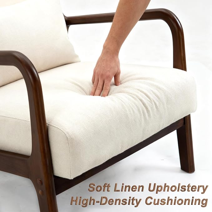 Mid Century Modern Accent Chair - Solid Rubberwood Frame Reading Armchair with Lumbar Pillow - Comfy Linen Lounge Chair for Living Room Bedroom Small Space - Heavy Duty 350lbs
