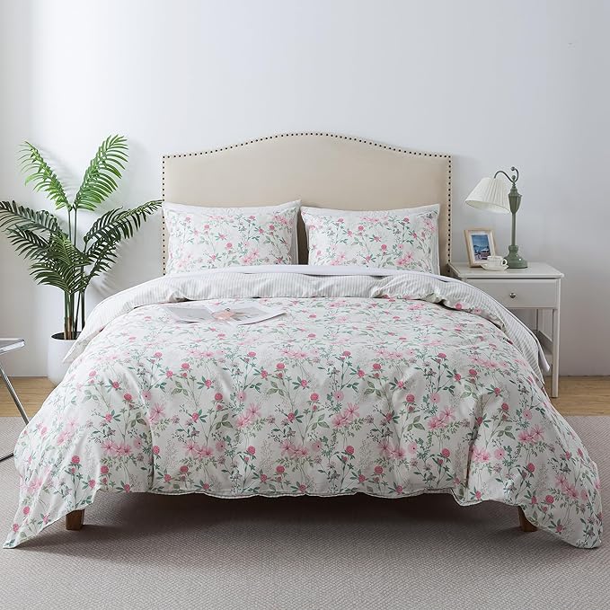HoneiLife Duvet Dover Queen Size - 100% Cotton Comforter Cover, Breathable Bedlinen for Set for Queen Beds, 3-PC Wildflower Comforter Cover Sets, Fuchsia‌