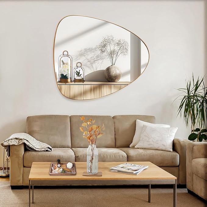 30" Asymmetrical Mirror With Metal Frame, Modern Geometrical Wall Mirror for Living Room, Bathroom, Bedroom (Gold, 27.5"x30")