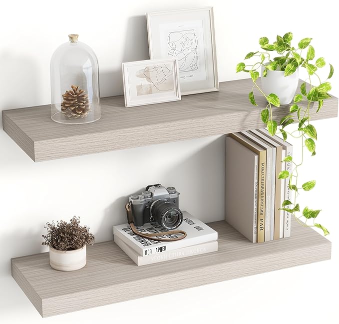 24 Inch Floating Shelves, 8 Inch Deep Floating Shelves for Wall, Hanging Shelf with Invisible Brackets, Deep Shelves for Bathroom, Bedroom, Living Room, Grey, Set of 2