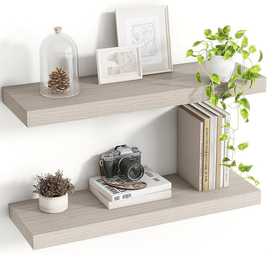 24 Inch Floating Shelves, 8 Inch Deep Floating Shelves for Wall, Hanging Shelf with Invisible Brackets, Deep Shelves for Bathroom, Bedroom, Living Room, Grey, Set of 2