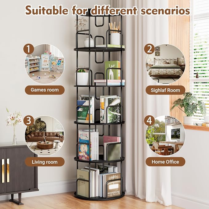 YZU Rotating Bookshelf 5 Tier 360 ° Display Spinning Bookshelf Tower, Revolving Bookcase Narrow Space Saving Swivel Book Shelf Corner Storage Organizer for Bedroom, Living Room Corner, Office