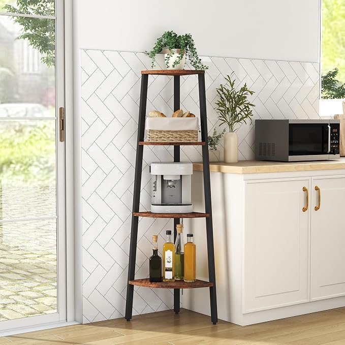Corner Shelf, 4 Tier Ladder Corner Bookshelf, Display and Bookshelf Stand Unit, Anti Tip Feature, Space Saving, Ideal for Plants, Books, Living Room, Bedroom, Rustic Brown