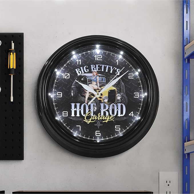 American Art Decor Big Betty's Hot Rod Garage Pinup Girl LED Clock - 12" Wall Mounted Diamond Plated Wall Decor - Wall Clock for Living Room, Dorm, Mancave, Garage, Office (Black/White/Yellow)
