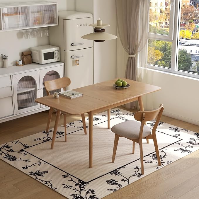 47’’-63’’ 100% Oak Extendable Dining Table and Chairs Set for 2, Solid Wood Folding Kitchen Table, Mid Century Modern Dinner Table for Kitchen, Living Room, Natural (47''-63''+2 Cushion Chairs-YA)