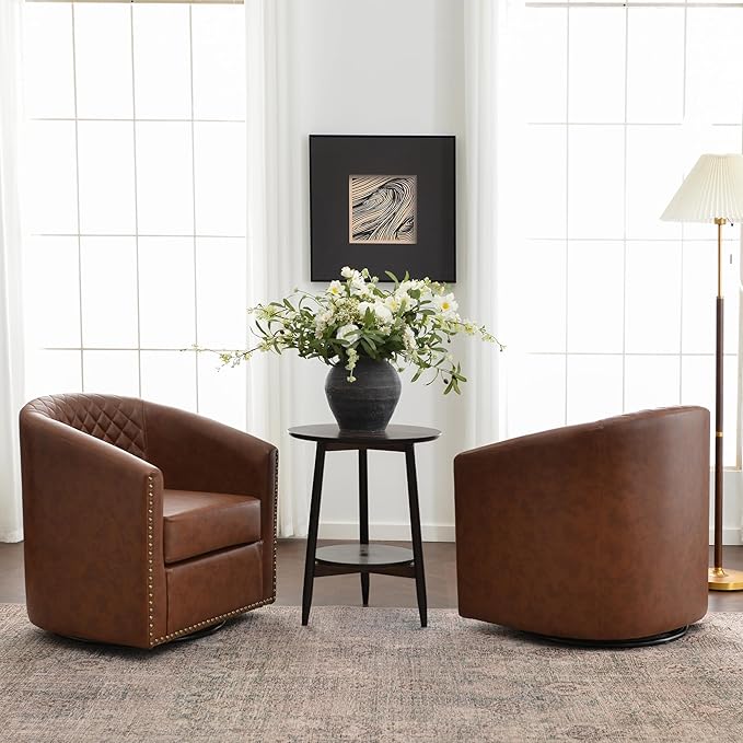 KINWELL 29" Wide Tufted Faux Leather Accent Chairs Set of 2, Small Swivel Barrel Chairs, Modern Round PU Leather Upholstered Armchairs with Nailhead Trim for Living Room Apartment, Brown