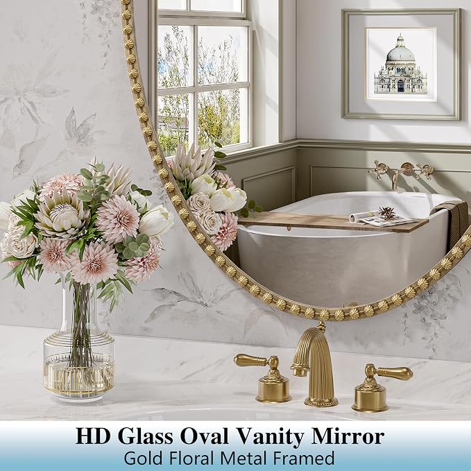 Gold Oval Bathroom Mirror, 22x30 Inch Floral Oval Mirrors for Wall, Antique Gold Metal Floral Frame Mirrors for Bedroom Living Room Hallway, Hangs Horizontally or Vertically