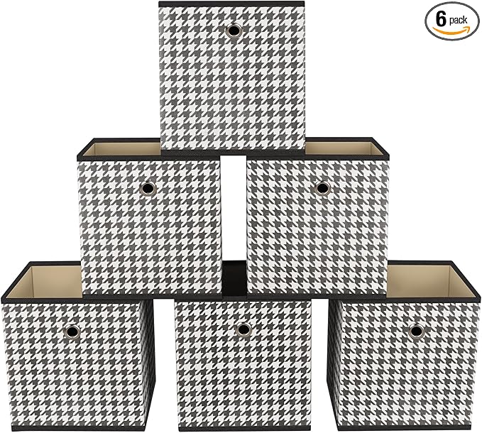 Foldable Storage Cubes Bins ,11 Inch Cloth Storage Cube Fabric Storage Box Cubes Organizer Baskets with Dual Handles for Home Organizer Set of 6 (Houndstooth)