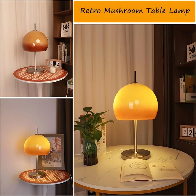 Bofea-Mid Century Modern Glass Table Lamps,Mushroom Desk Lamp with Orange Dome Glass Shade,Chromium Color Mushroom Lamp for Room Aesthetic Modern Lighting for Bedroom/Living Room.