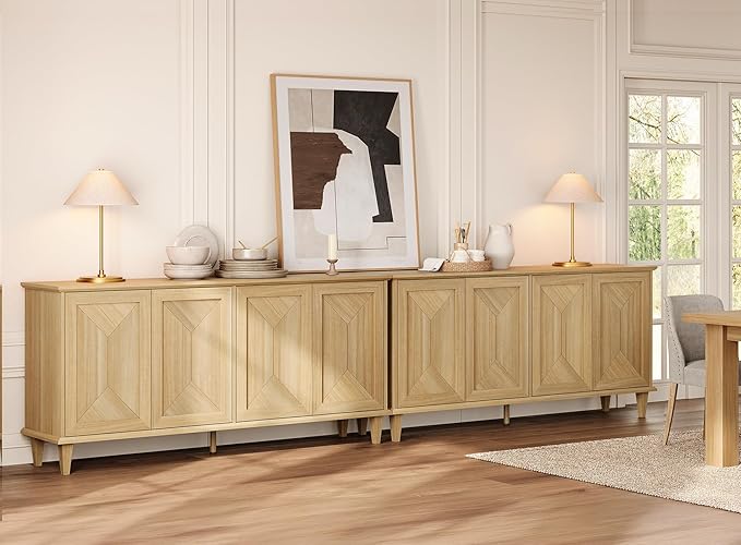 WAMPAT 130-inch Handcrafted Patchwork Decorative Buffet Cabinet with Pop-Up Design Doors,2-in-1 Large Modern Farmhouse Accent Credenza for Coffee Bar, Kitchen, and Living Room, Natural Oak
