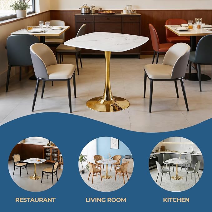 31.5 Inch White and Golden Square Dining Table for 2-4 Person,Mid-Century White Tulip Table Kitchen Dining Table with MDF Tabletop and Pedestal Base for Home Kitchen
