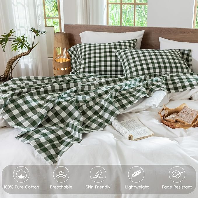 MooMee Gingham Sheet Set 100% Washed Cotton Linen Like Textured Breathable Soft w/Fully Elasticized 16-19" Deep Pocket (Buffalo Plaid Forest Green, Queen)