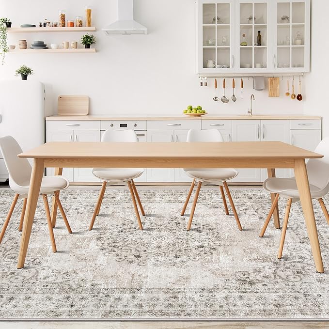 Area Rug 9x12 Vintage Rug: Large Washable Indoor Medallion Rugs Low Pile Distressed Floor Carpet Retro Accent Rug for Living Room Bedroom Kitchen Dining Table Home Office(Distressed Taupe, 9'x12')