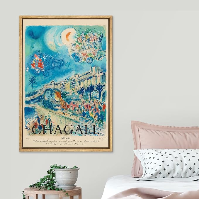 SIGNLEADER Framed Canvas Print Wall Art Chagall Crescent Moon Pastel Floral Landscape Classic Vintage Illustrations Fine Art Decorative Multicolor for Living Room, Bedroom, Office - 24"x36" NATURAL