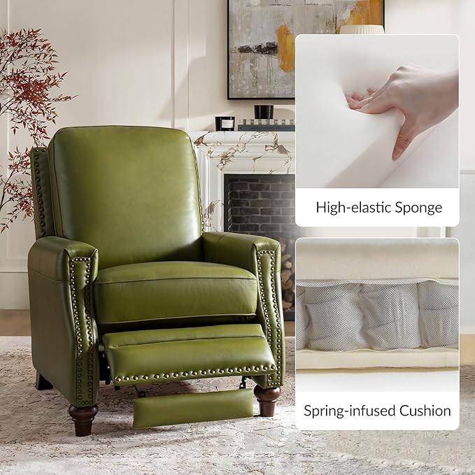 HULALA HOME Genuine Leather Recliner Chair, Classic Push Back Recliner Armchair with Thick Seat and Backrest (Olive)
