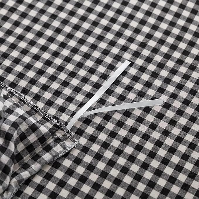 mixinni Black White Gingham Ruffle Duvet Cover Queen Size 3 Pieces – 100% Washed Cotton, Vintage Plaid Ruffled Bedding Set with Zipper Ties, Soft Checkered Grid Farmhouse Chic Comforter Cover Set