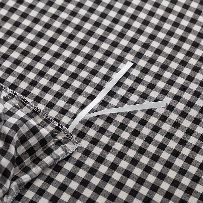mixinni Black White Gingham Ruffle Duvet Cover Full Size 3 Pieces – 100% Washed Cotton, Vintage Plaid Ruffled Bedding Set with Zipper Ties, Soft Checkered Grid Farmhouse Chic Comforter Cover Set