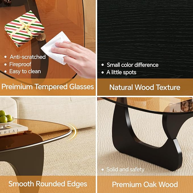 Coffee Tables Glass Small Farmhouse Coffee Table Mid-Century Modern Wood Center Table for Living Room, Black Brown, 36 Inch