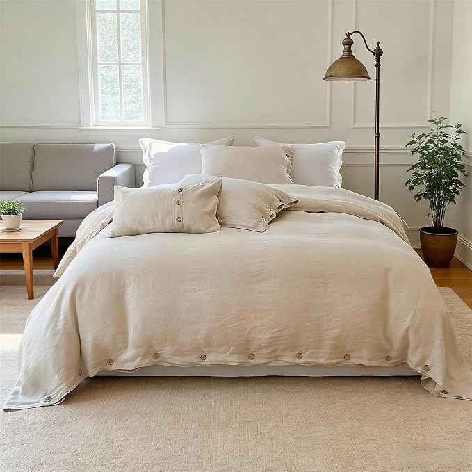 Simple&Opulence 100% Linen Duvet Cover Set 3pcs with Coconut Button Closure Natural French Washed Flax Solid Color Soft Breathable Farmhouse Bedding - Linen, King Size