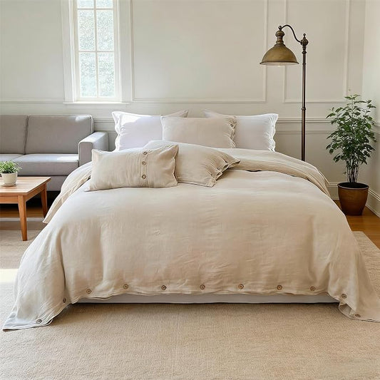 Simple&Opulence 100% Linen Duvet Cover Set 3pcs with Coconut Button Closure Natural French Washed Flax Solid Color Soft Breathable Farmhouse Bedding - Linen, Queen Size