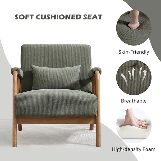 INZOY Mid Century Modern Accent Chair with Wood Frame, Upholstered Reading Armchair with Soft Corduroy Fabric, Accent Chair for Living Room Bedroom Apartment, Easy Assembly, Green