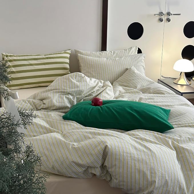 mixinni Vintage Geometric Striped Duvet Cover Set - 3 Piece 100% Washed Cotton Queen Size Bedding Set with Matching Pillowcases | Mid-Century Modern Design | Ultra Soft & Breathable-Queen Size