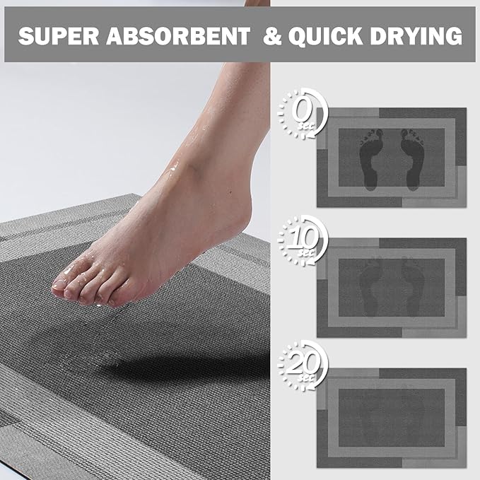 Non Slip Bath Mat, Rubber Backing Ultra Thin Bathroom Rugs Fit Under Door Quick Dry Super Absorbent Washable Bath Rug Shower Mat for Bathroom Floor Bathtub Sink, Easy Care Dark Grey 20"x 32"