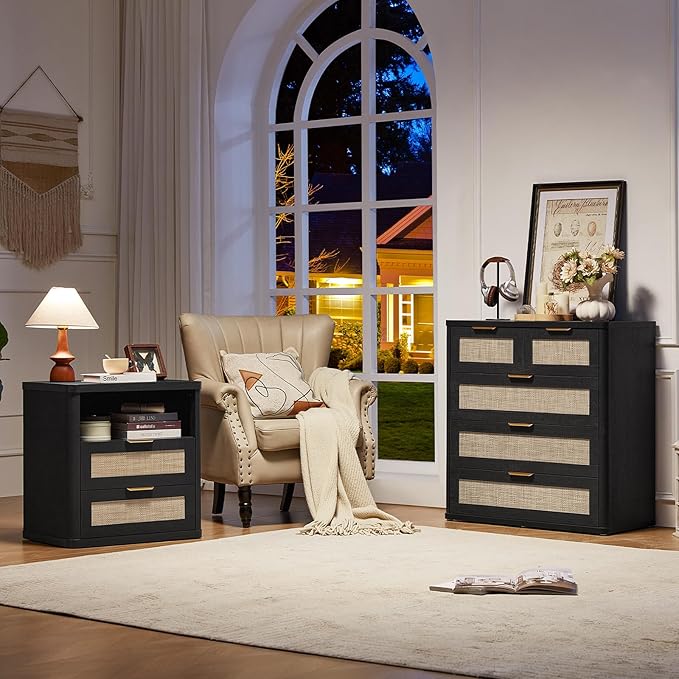 LEYAOYAO Rattan Dresser for Bedroom, 33.5" Tall Chest of Drawers, Modern 5 Drawers Boho Dressers with Storage, Light Oak Dresser Wooden Closet Organizer for Living Room, Hallway, Black