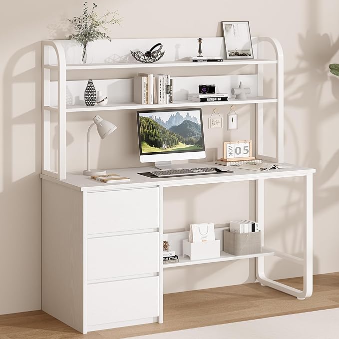 MaverickFurni White Desk with Hutch, 55 Inch Computer Desk with 3 Drawers for Bedroom, Study Writing Desk with Shelves for Small Spaces, Adjustable Feet