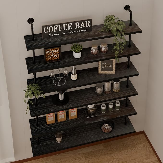 HDDFER 48 Inch Pipe Shelf Floating Shelves for Wall Shelves Bookshelf Industrial Pipe Shelving Real Wood Planks Rustic Hanging Shelves Farmhouse Kitchen Bar Shelving Black