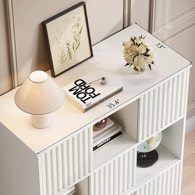 Einhomn Cube Storage Organizer with Sliding Doors, Wooden Bookshelf Storage Cabinet, 9 Cube Bookcase Organizer for Living Room Bedroom Office, White