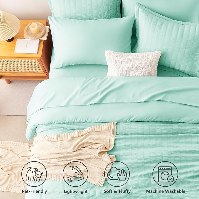 CozyLux King Size Comforter Set Mint Green, 7 Pieces Seersucker Textured Luxury Bed in a Bag, All Seasons Soft Bedding Sets with Down Alternative Comforter, Sheets, Pillowcases & Shams, Home Gift