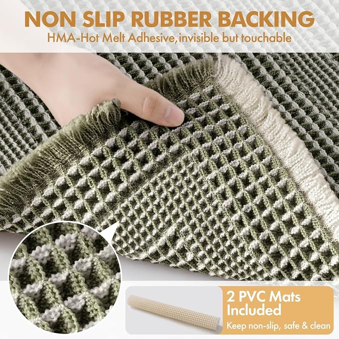 MIULEE Set of 2 Waffle Bathroom Rugs, Boho Bath Rug Super Absorbent, Non Slip Washable Ultra Soft Rubber Backed Shower Bath Mats for Floor, Tub, Shower, Looped Design, Green & Cream, 17x24 Inch
